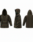 Striped hoodie shown from front, side, and back on a white background