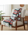 Decorative blanket with geometric pattern draped over a chair in a home setting