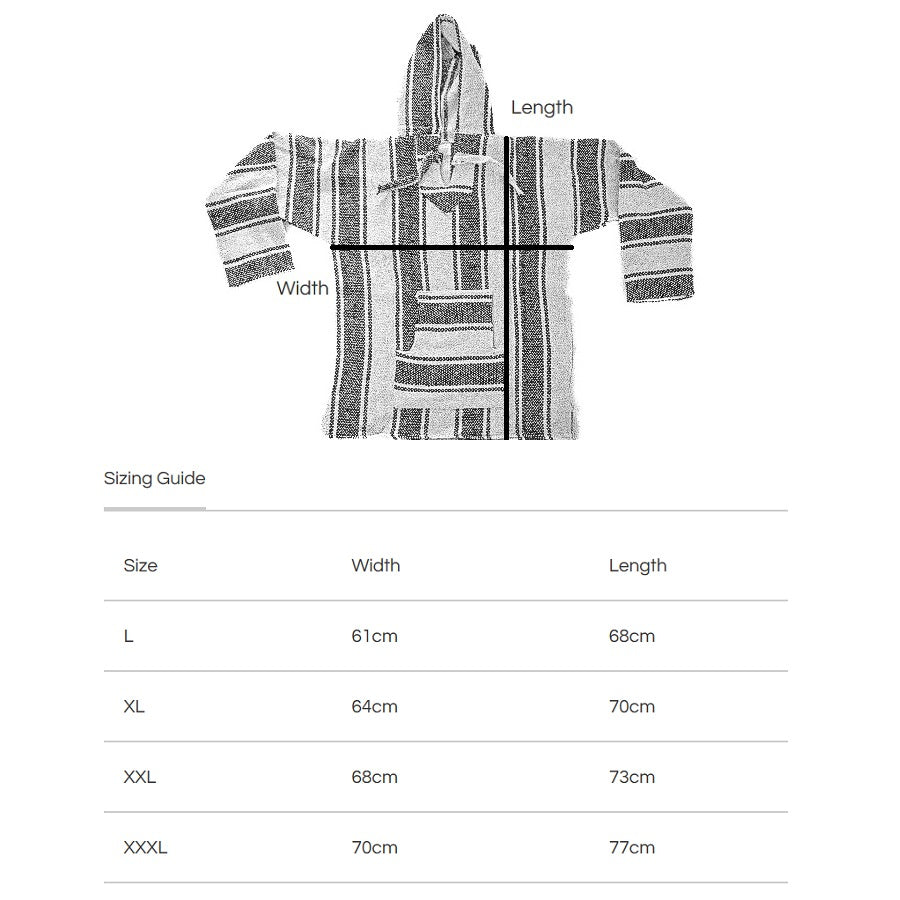 Sizing Guide for Mexican Hammock Store Baja Hoodies