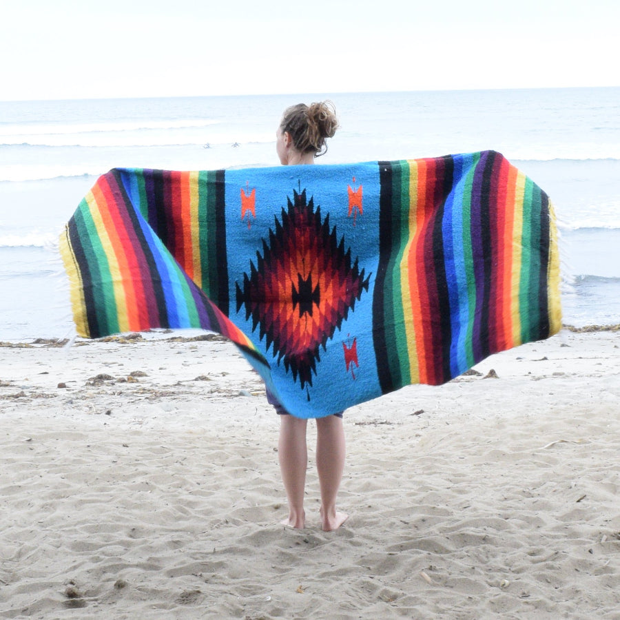 Bright striped and blue Mexican beach blanket