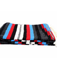Blue, red, black and white Mexican blanket