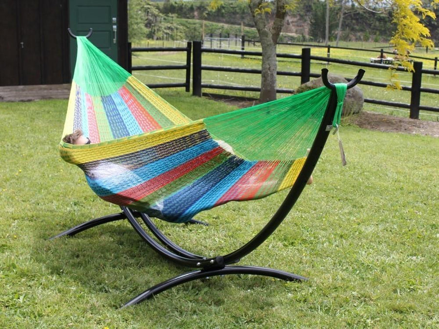 Metal Arc hammock stand with queen coral hammock