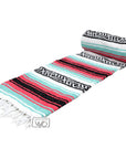 Mint, coral, white and black striped Mexican woven blanket
