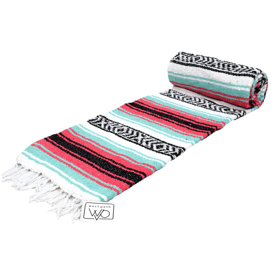 Mint, coral, white and black striped Mexican woven blanket