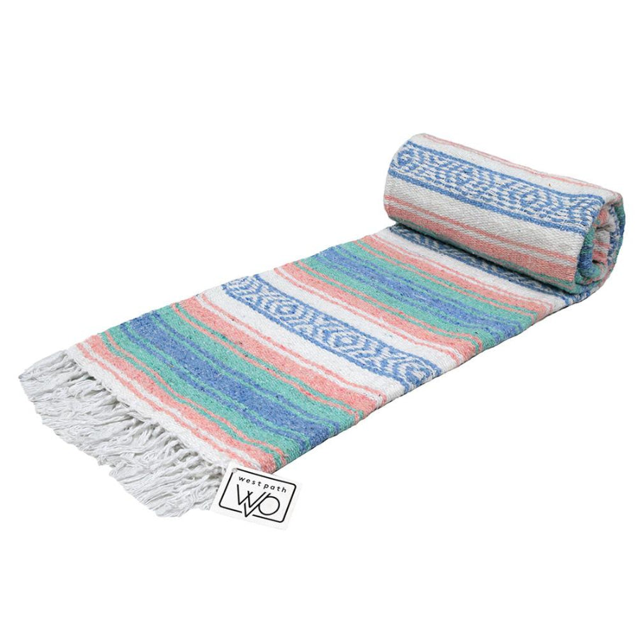 Colourful striped Mexican rug in pastel colour palette