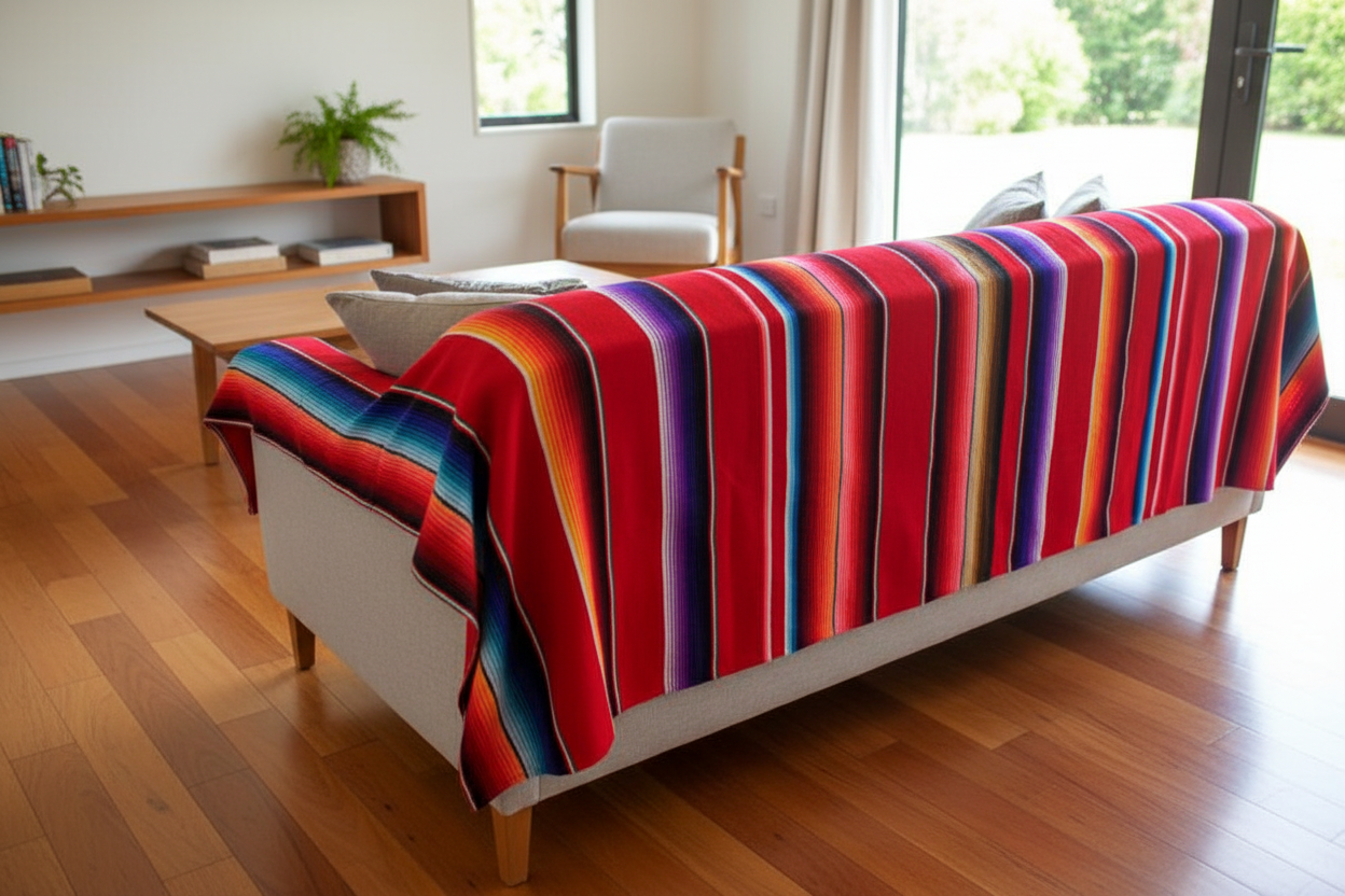 Colorful striped blanket draped over a white sofa in a living room.