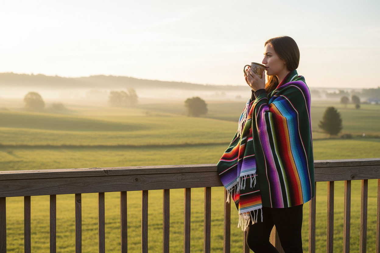 woman on a deck wearing a blanket sipping from a mug, looking out over farmland.