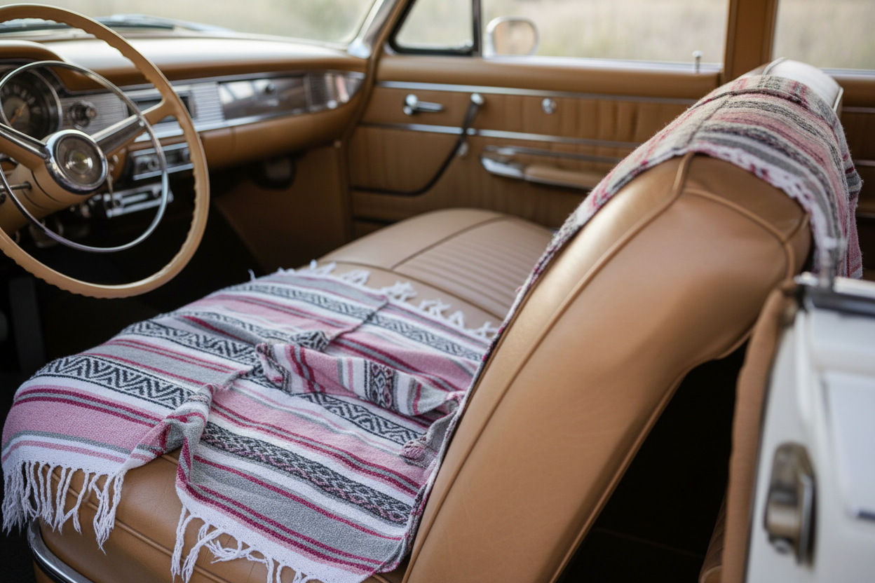 Vintage car interior with a patterned blanket draped over the seat
