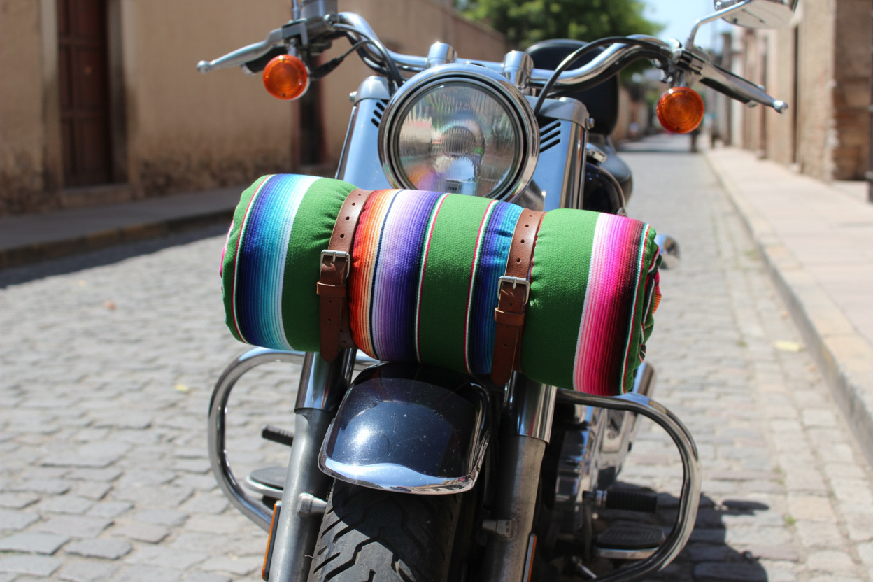 Motorcycle with colorful Mexican blanket straped to front on a cobblestone street