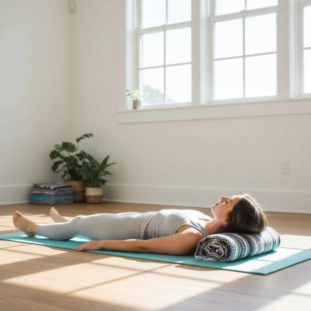 Woman lying on a yoga mat in a bright room with large windows