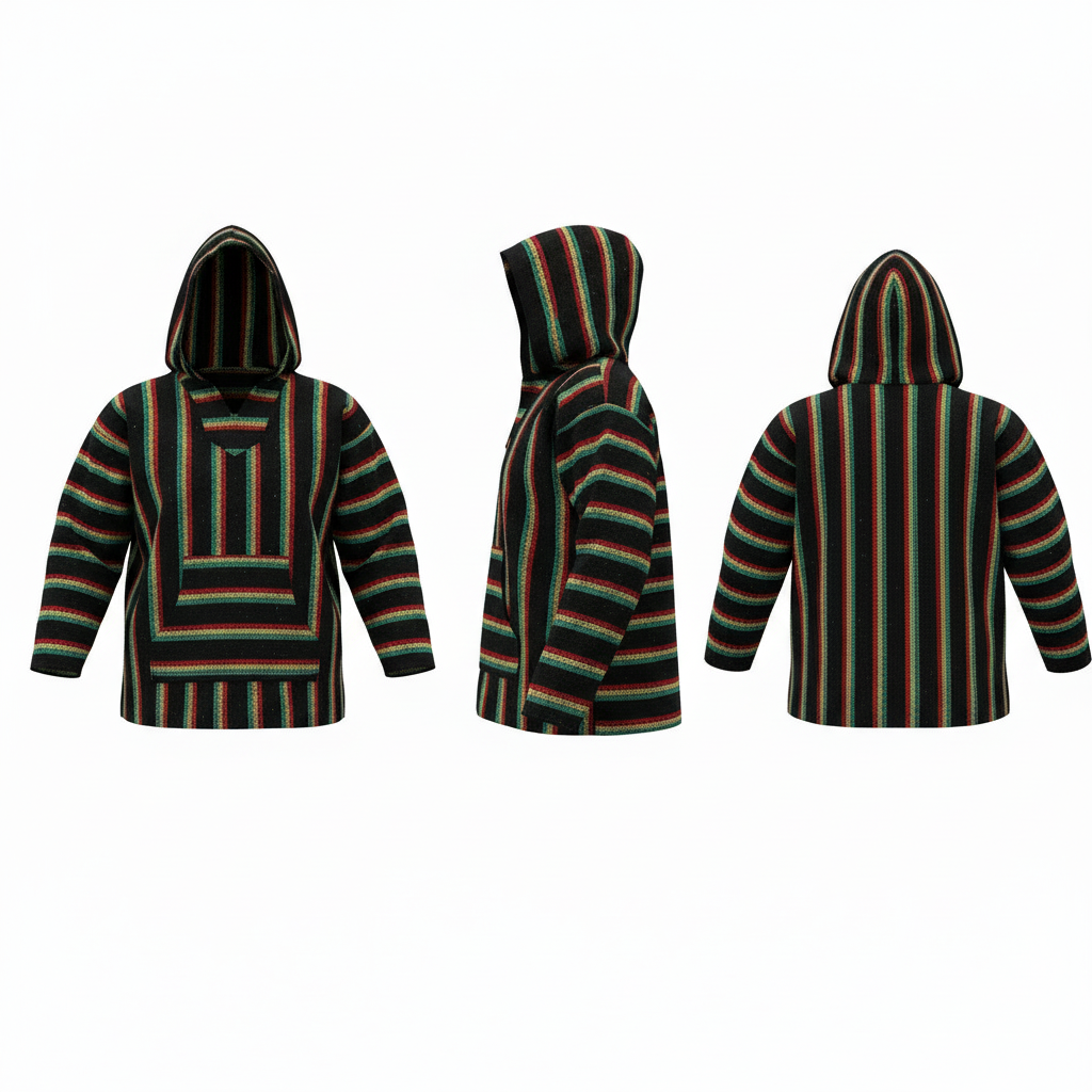 Striped hoodie shown from front, side, and back on a white background
