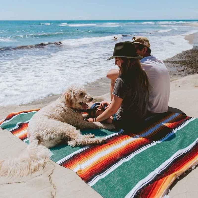 Two people and a dog sitting on a colorful beach blanket by the ocean.