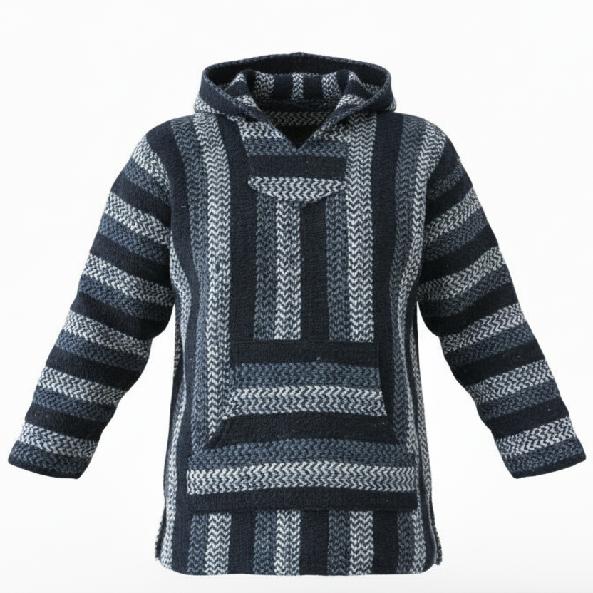 Hooded sweater with blue striped pattern on a white background