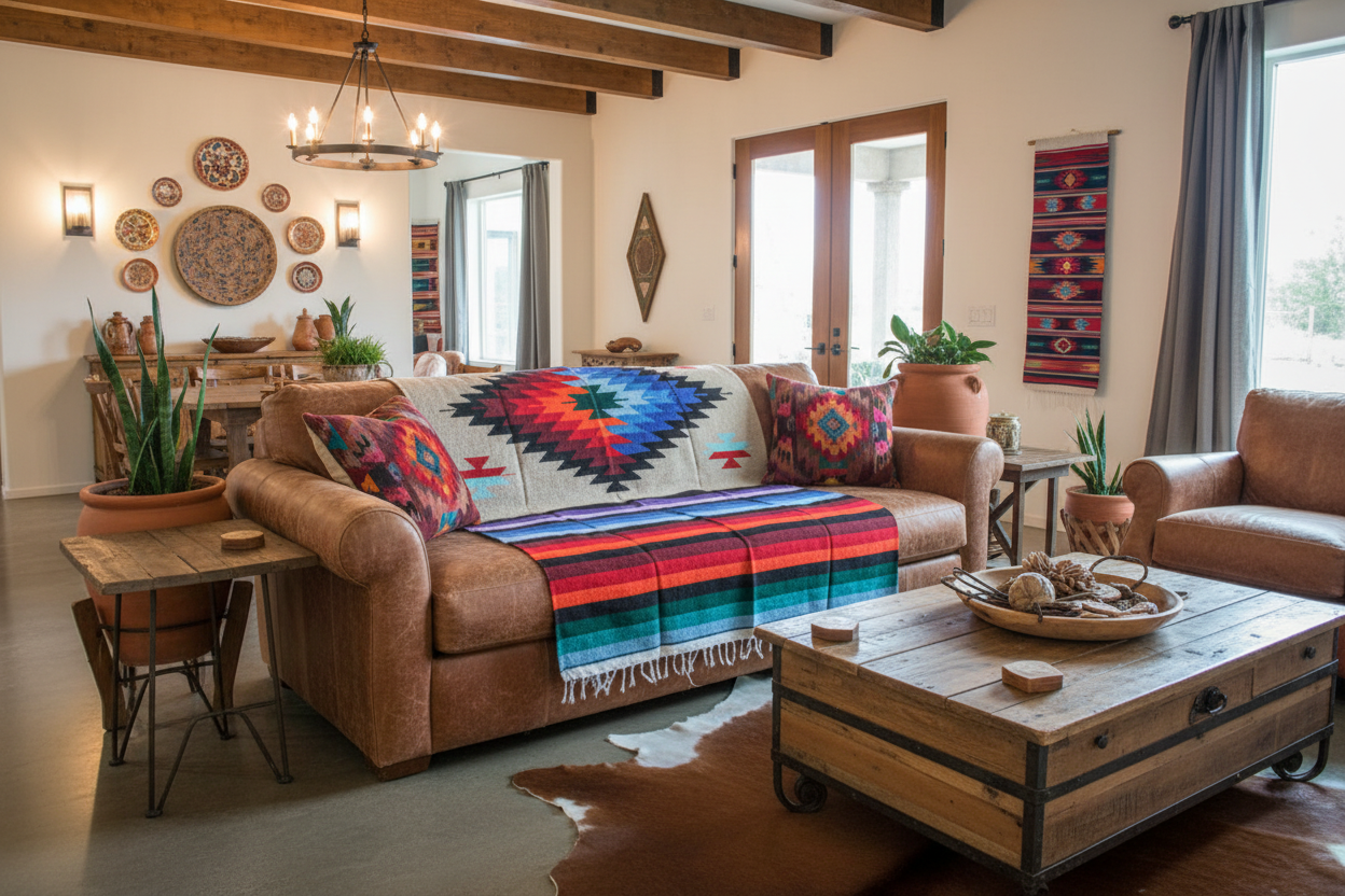 Living room with a brown sofa, colorful blanket, and wooden coffee table.