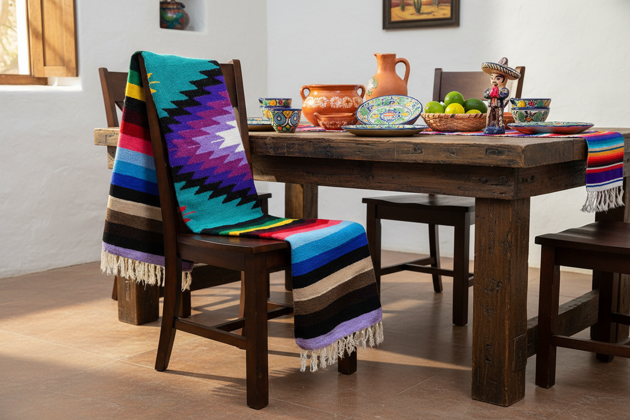 Colorful striped blanket draped over a wooden chair in a dining room setting.