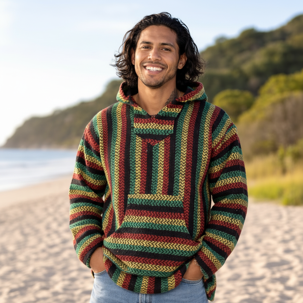 Man wearing a colorful striped hoodie on a beach