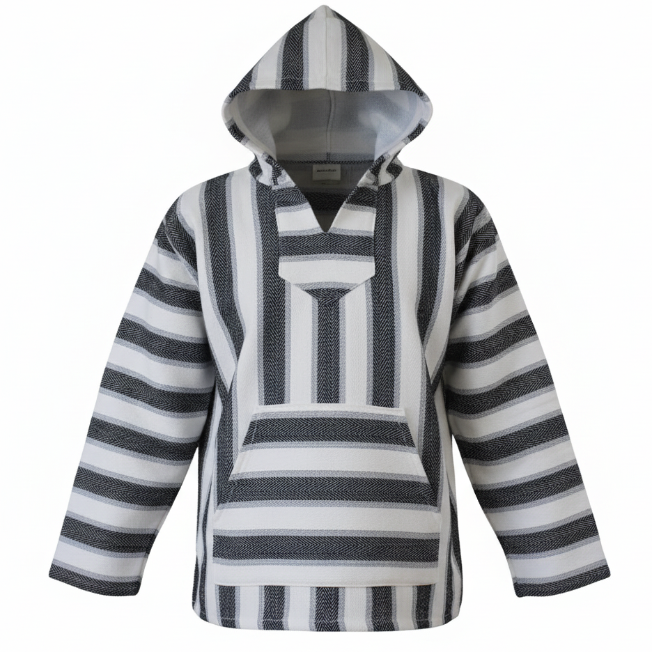 Striped hoodie with geometric pattern on a white background