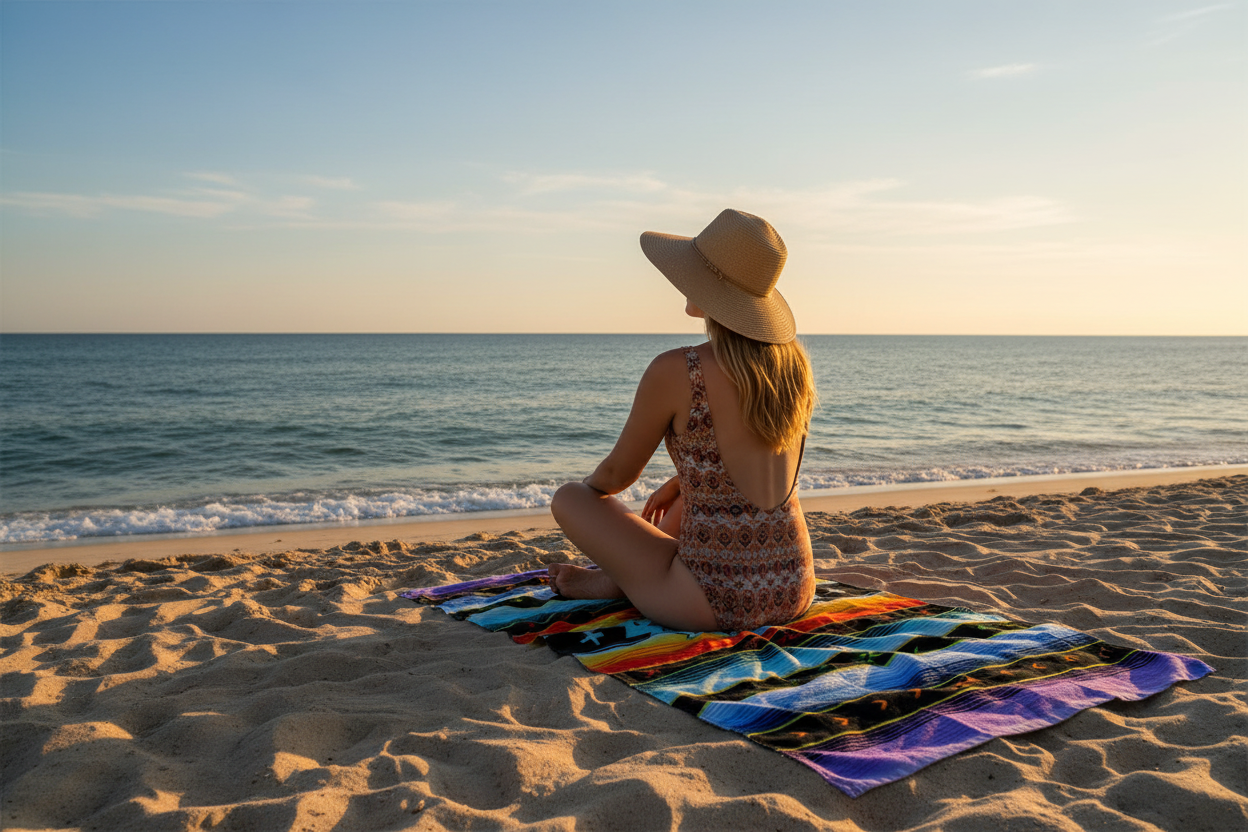 woman sitting crosslegged on the beach on a brightly coloured beach towel looking out to sea