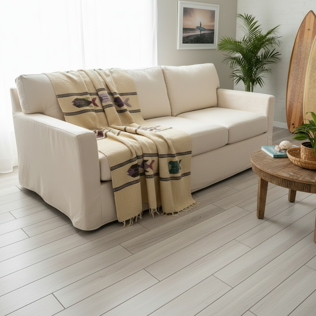 Beige sofa with a patterned throw blanket in a living room setting.