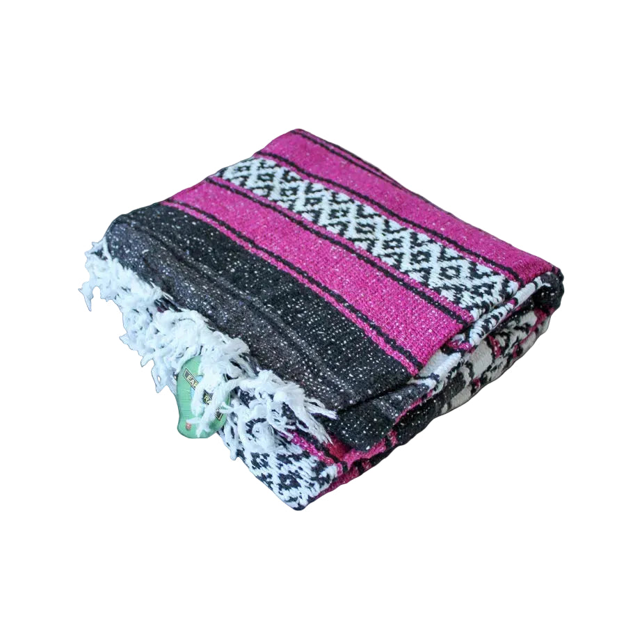 Pink, black, grey and white Mexican falsa striped blanket