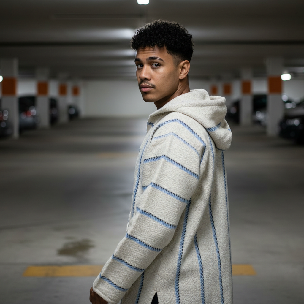 Man wearing a striped hoodie in a parking garage