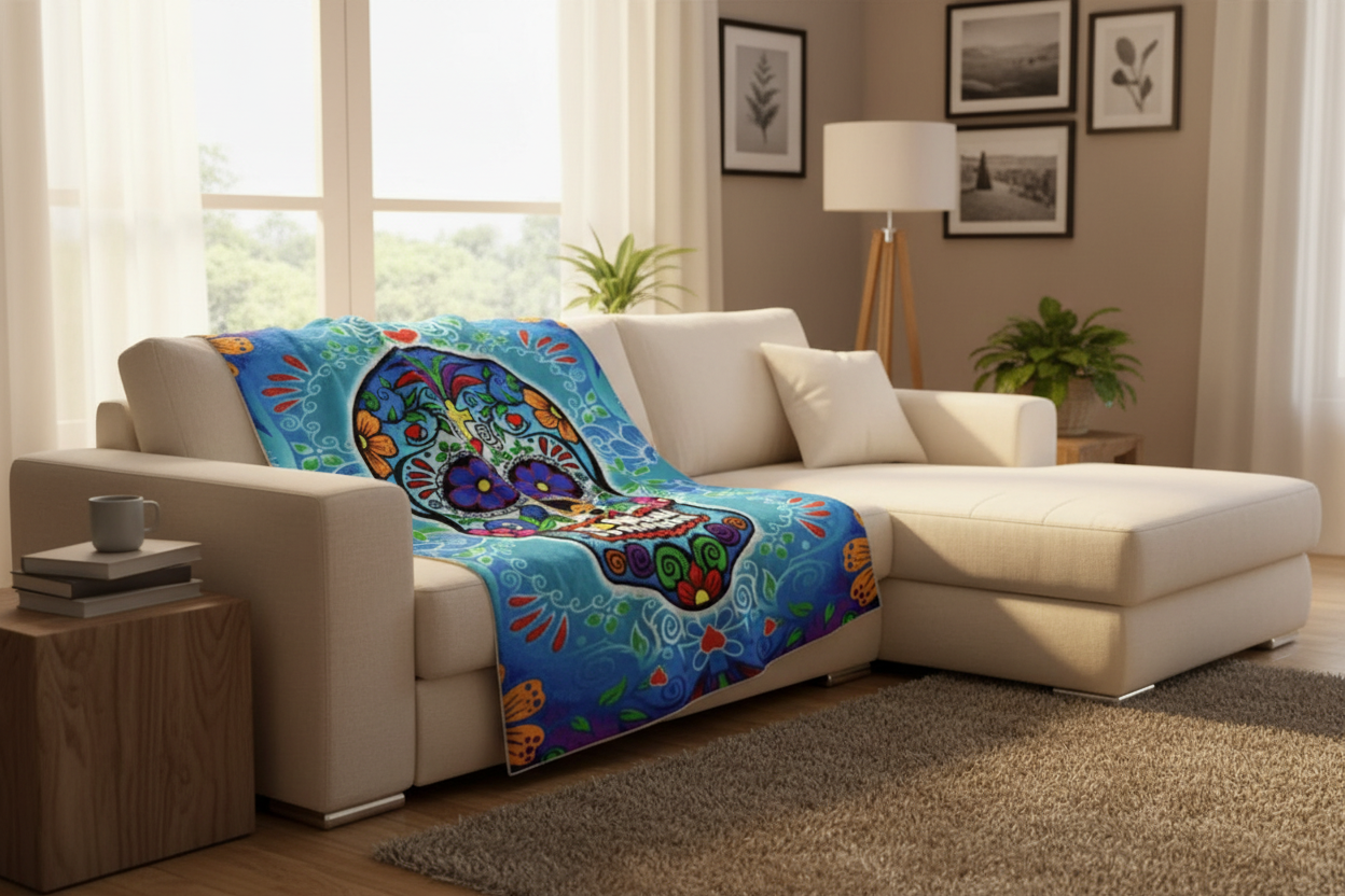 Colorful blanket draped over a beige sectional sofa in a living room.