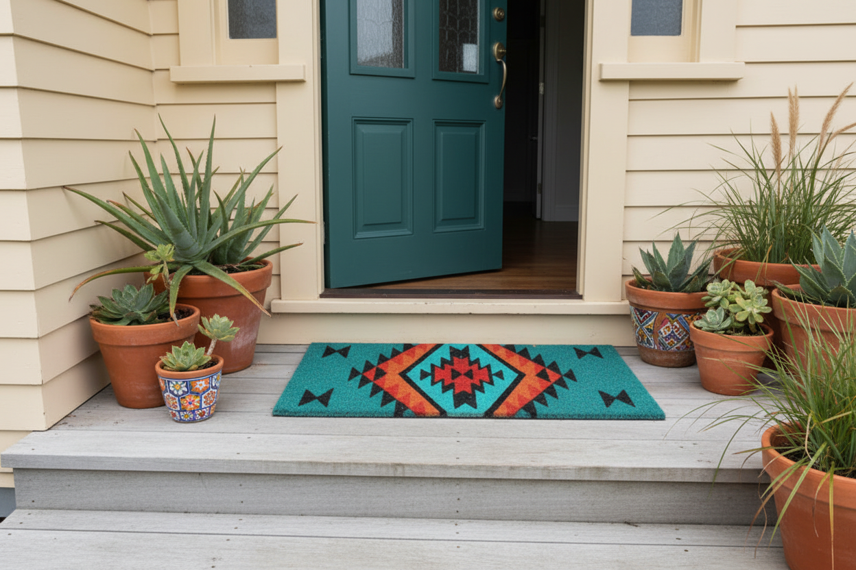 Front porch with a teal door, colorful doormat, and potted plants.