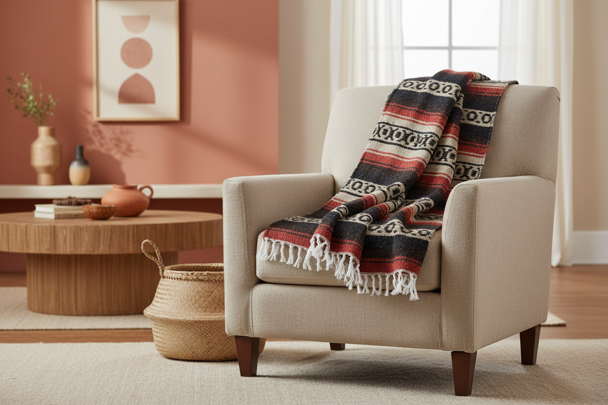 Beige armchair with a patterned Mexican falsa blanket in a living room setting.