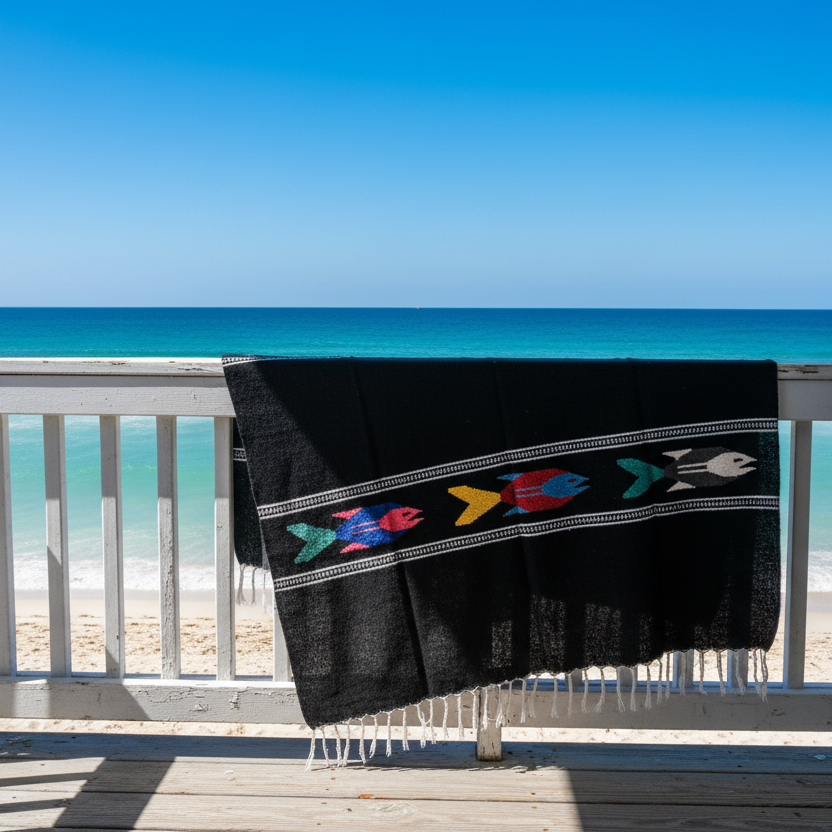 black fish blanket hung over a rustic beach bach railing