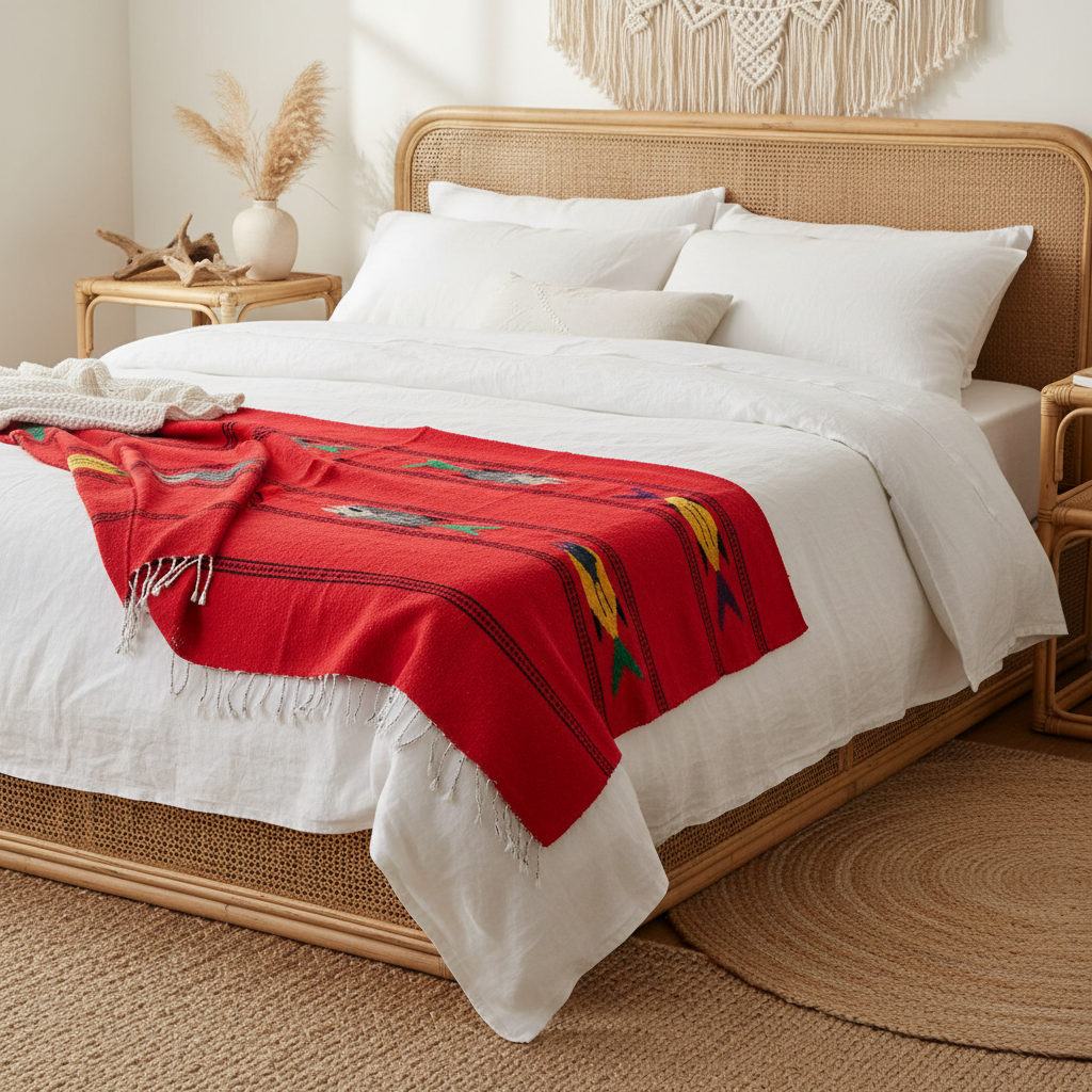 red Mexican fish design blanket in boho style bedroom