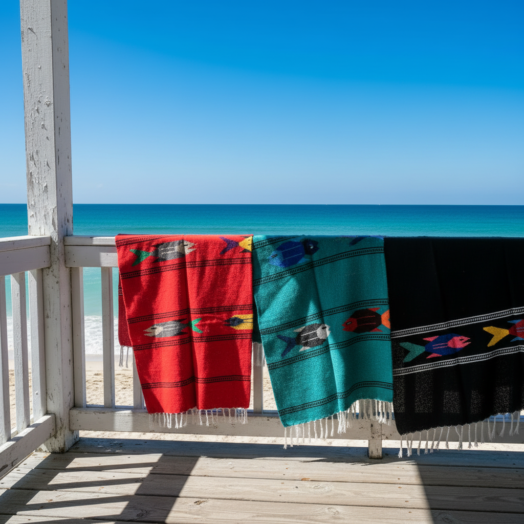 Three Fish Blankets on Beach Railing
