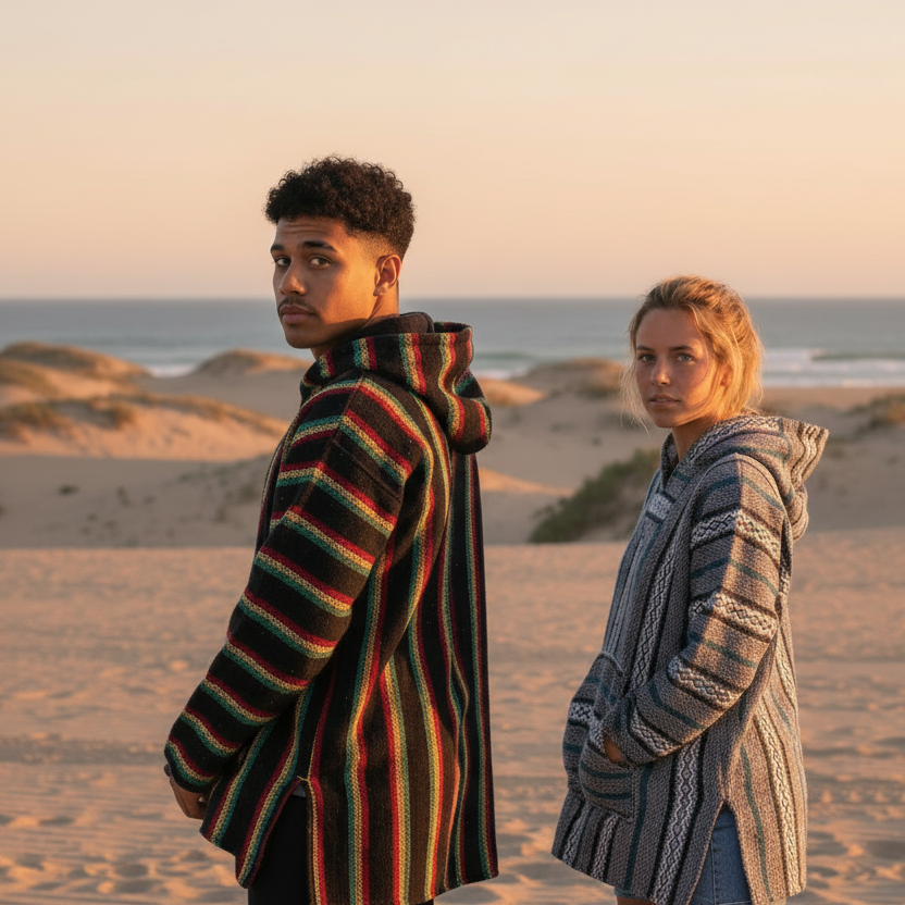Two people standing on a beach at sunset, wearing patterned hoodies.