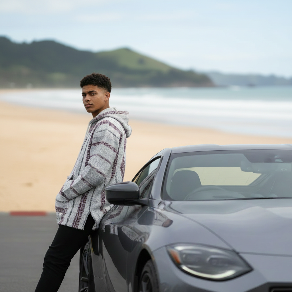 Person standing next to a car on a beach with mountains in the background