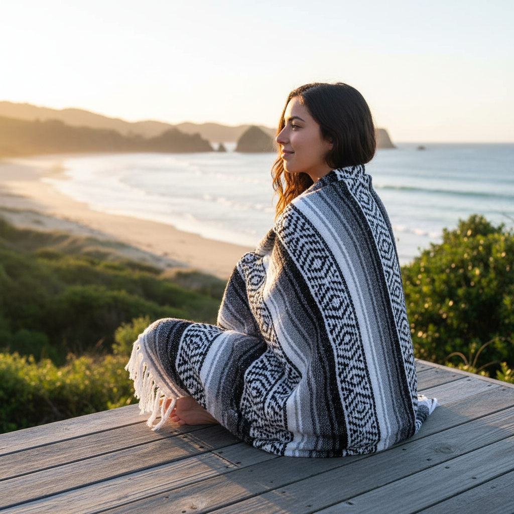 Model wrapped in blanket on coastal deck