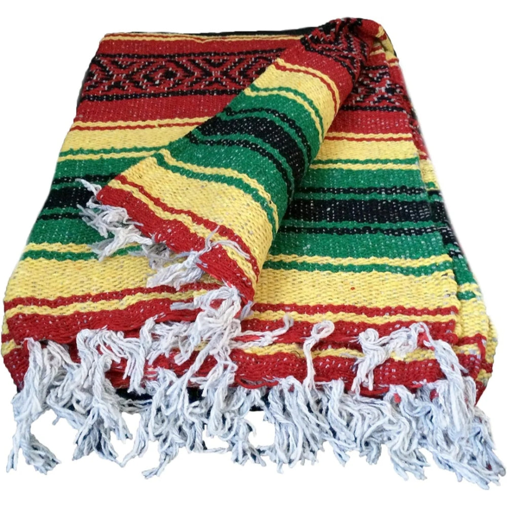 Colorful striped Rasta blanket with fringes on a white background