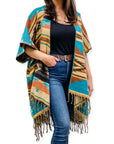 Ruana Teal and Beige - Shawl type poncho