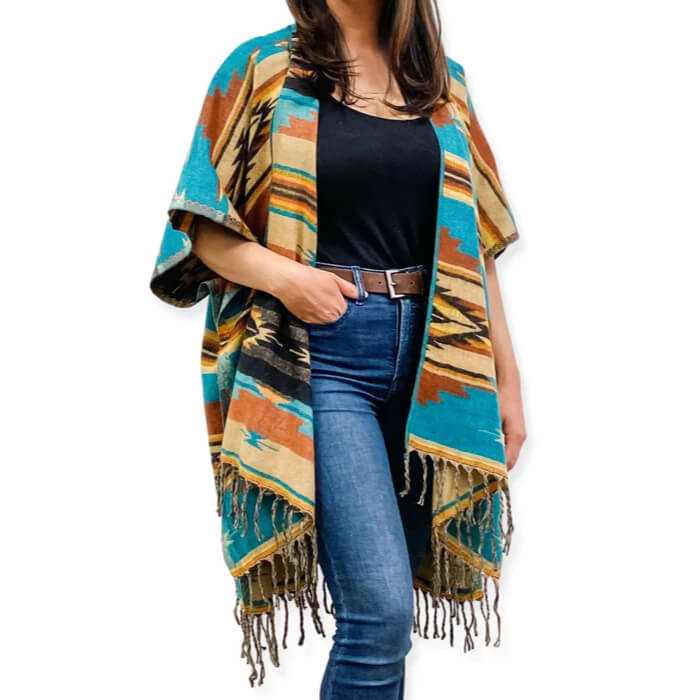 Ruana Teal and Beige - Shawl type poncho