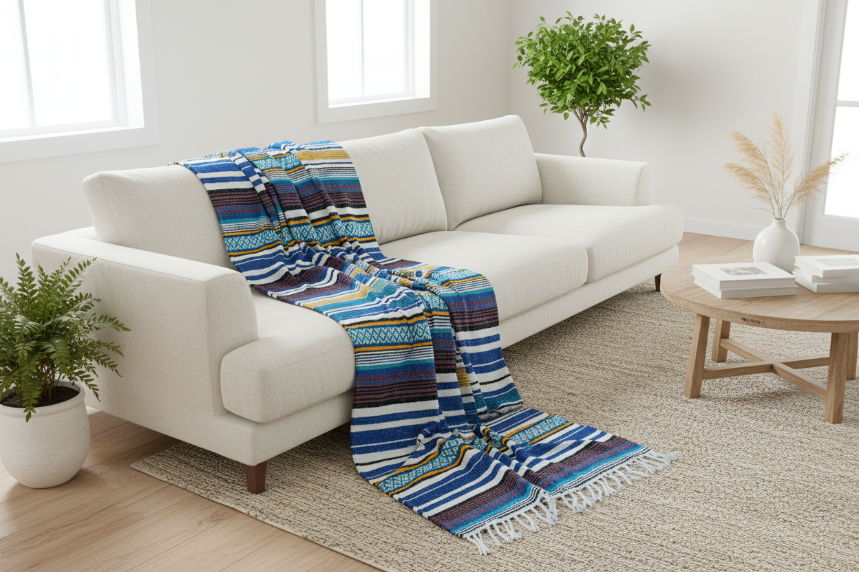 White sofa with a colorful striped blanket in a bright living room.