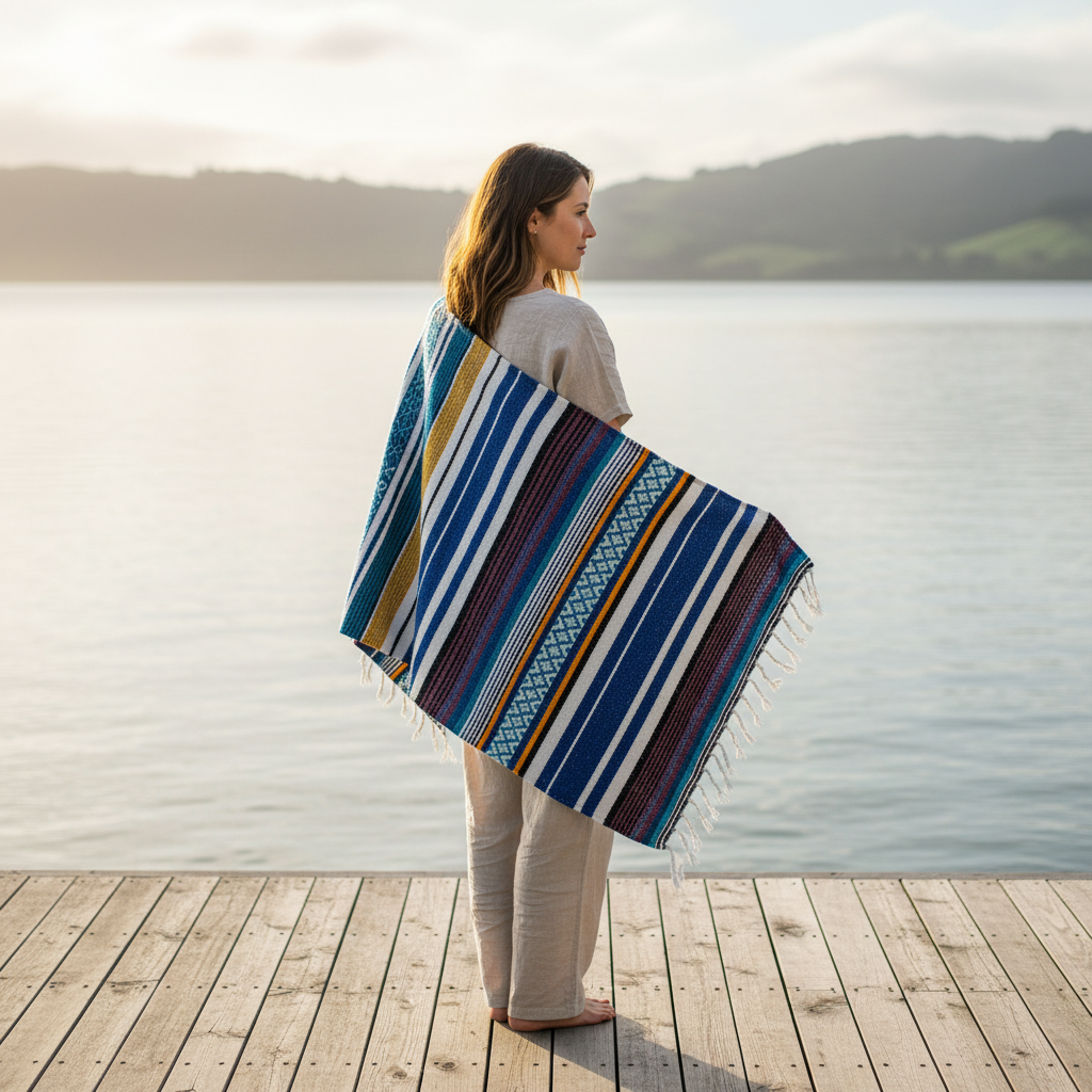 Woman standing on a dock by a lake, wearing a colorful striped blanket.