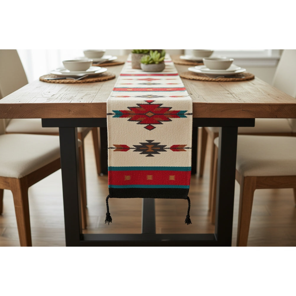 Dining table with a patterned table runner in a home setting