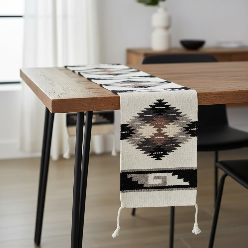 Table runner with geometric pattern on a wooden table in a room with curtains and a vase.