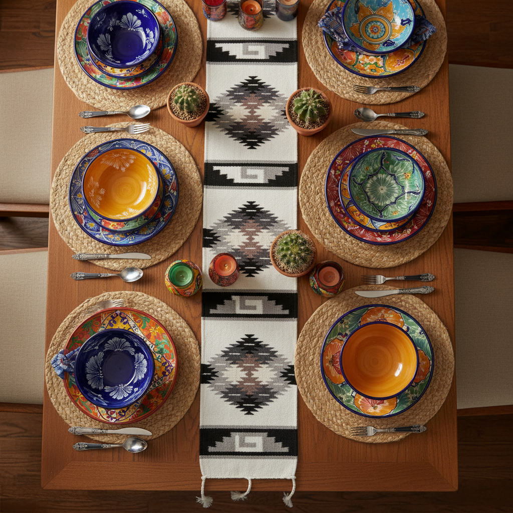 Colorful table setting with patterned plates and placemats on a wooden table.