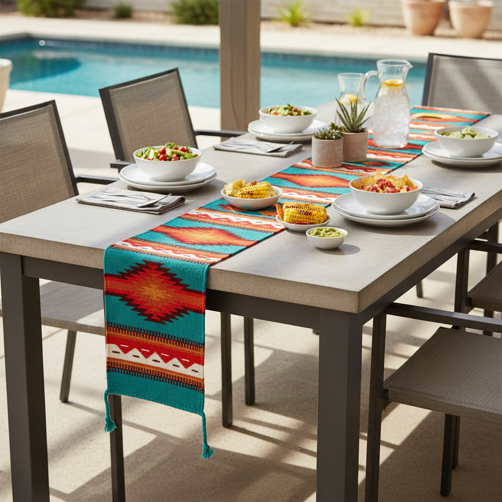 Outdoor dining table set with chairs, colorful table runner, and food by a pool.