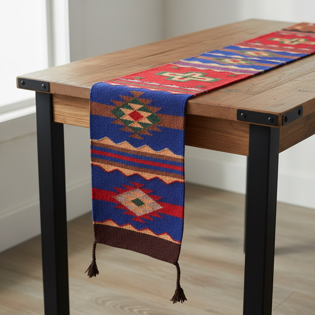 Woven table runner with geometric patterns on a wooden table.