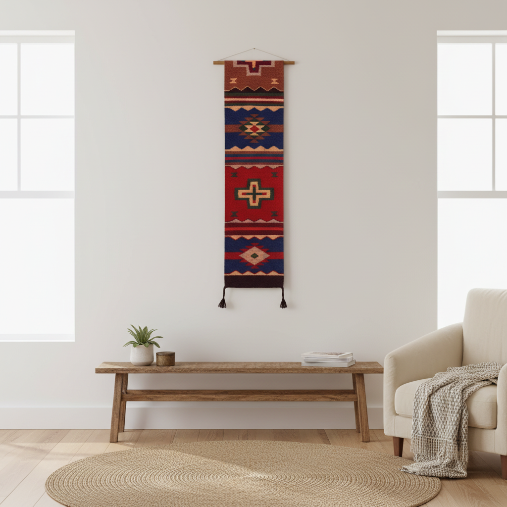 Decorative wall hanging with geometric pattern in a living room setting