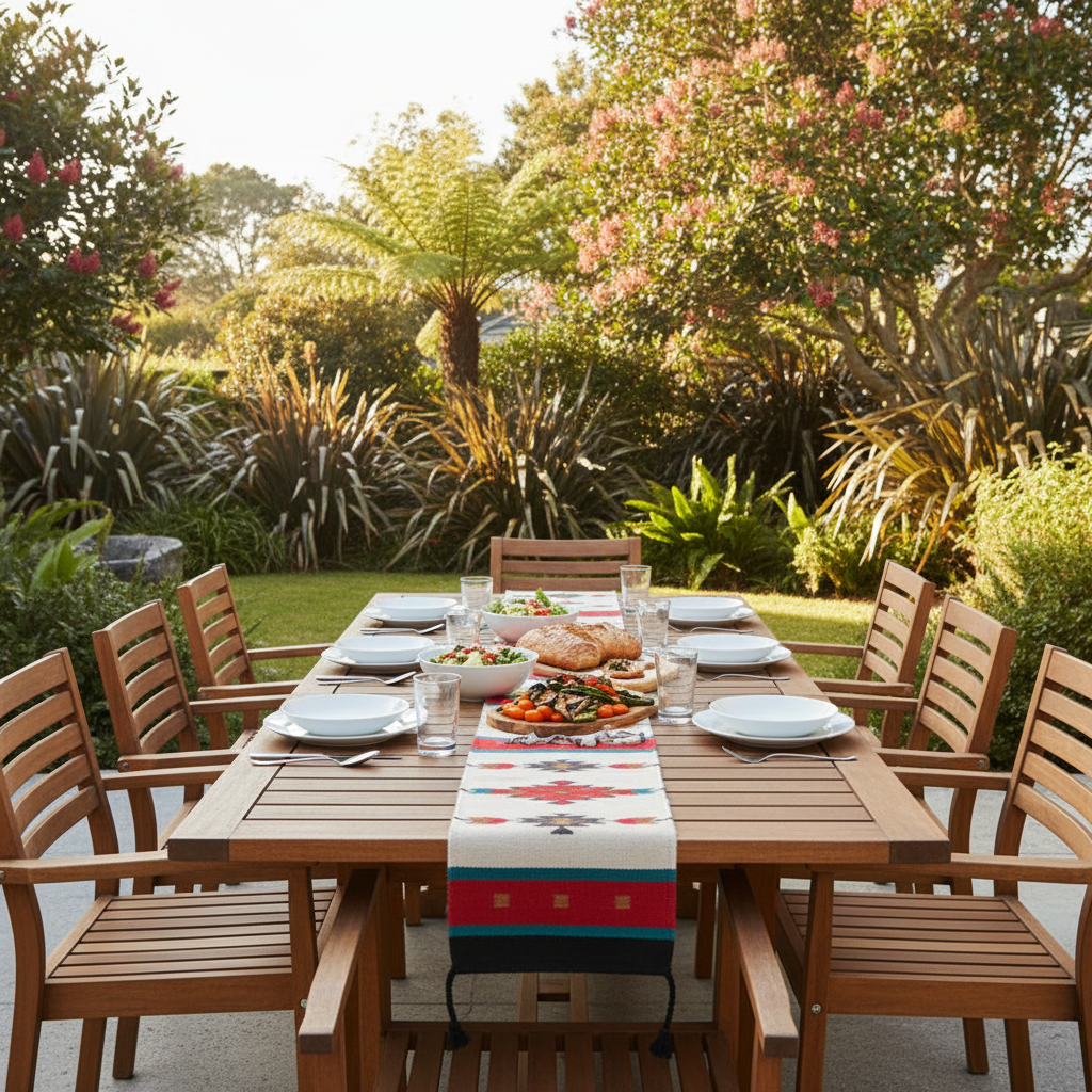 Outdoor dining setup with a wooden table and chairs in a garden setting.