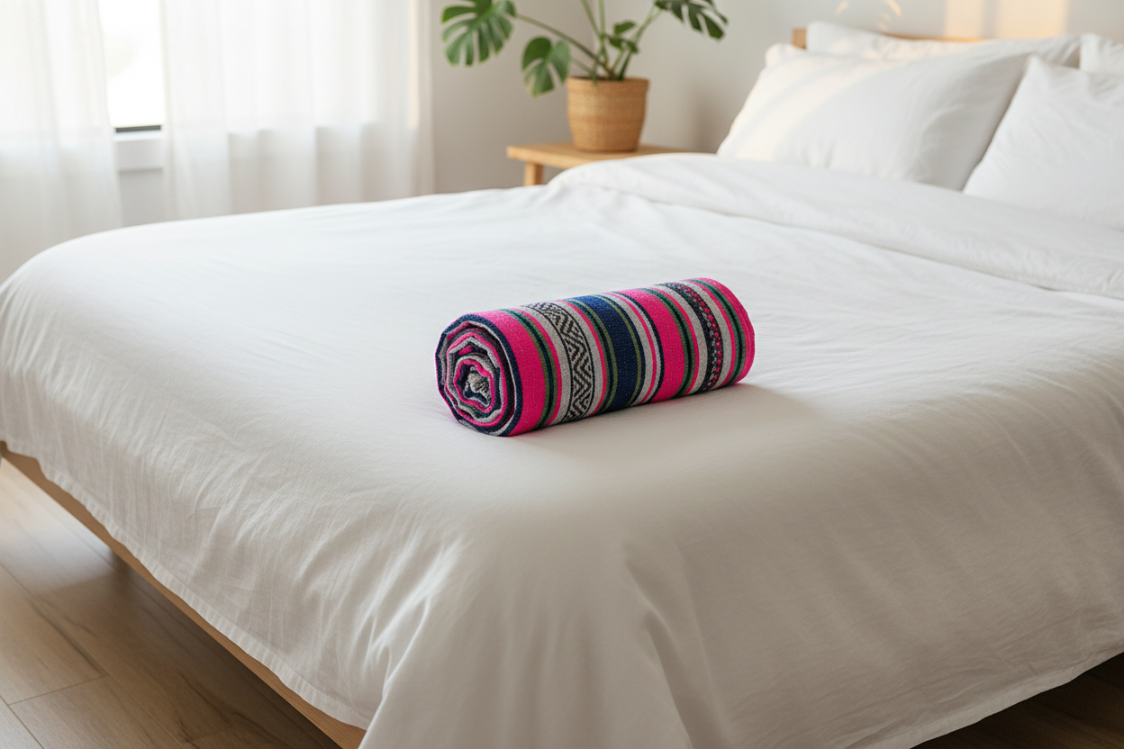 Colorful rolled-up mat on a white bed in a bright bedroom