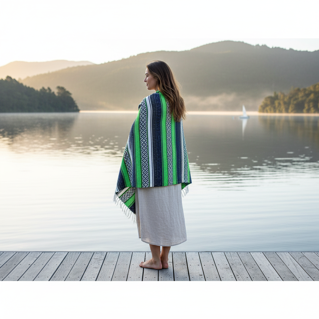 Woman standing on a dock by a lake, wearing a colorful striped shawl.