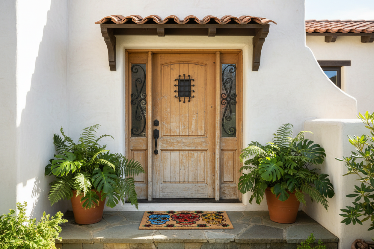 Wooden front door with decorative elements on a white wall, flanked by potted plants.