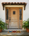 Wooden front door with decorative elements on a white wall, flanked by potted plants.
